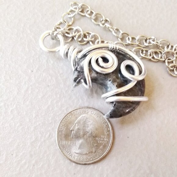 Chunky Larvikite Moon Pendant! Wire Wrapped - Gray Silver Black Labrador… - Picture 6 of 12